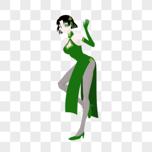 黑色短发绿色开叉长旗袍民国时期女孩图片