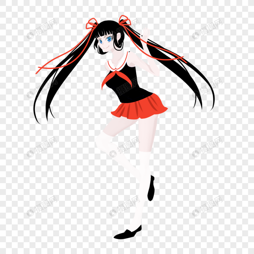 黑色双马尾黑红色水手服女孩日式图片
