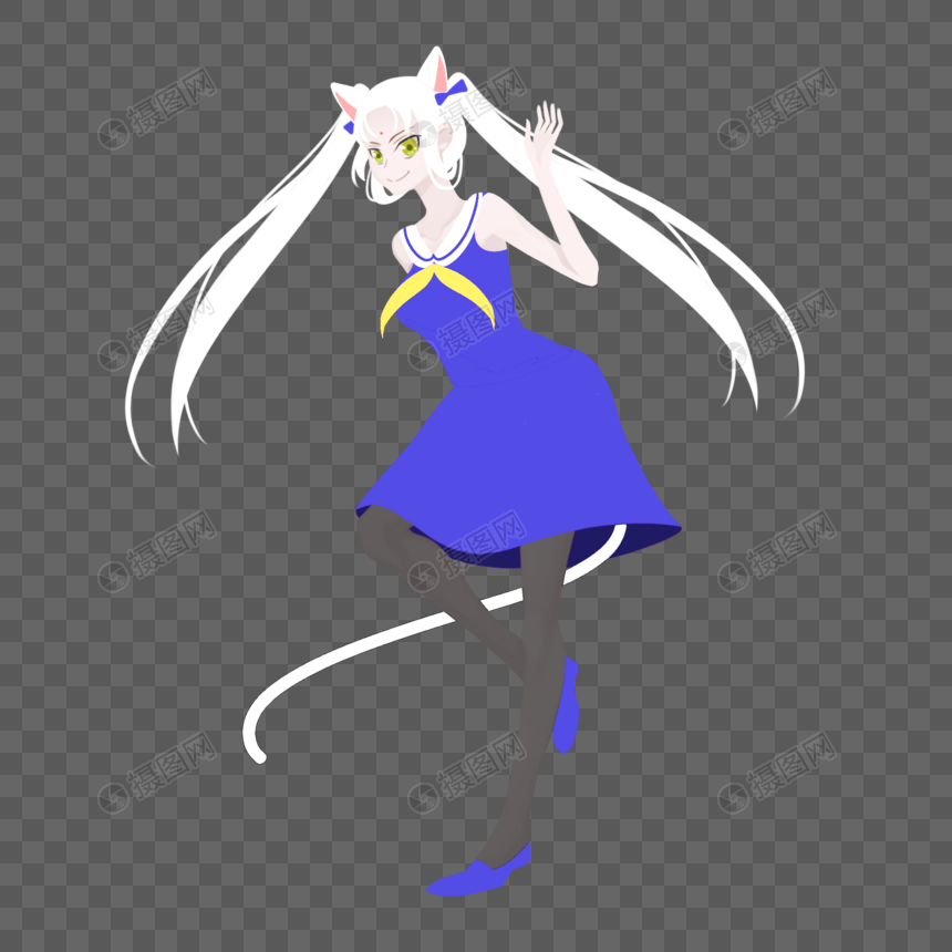蓝色日式不收腰水手服白色猫妖猫耳猫尾女孩,编号:401334019,格式:png