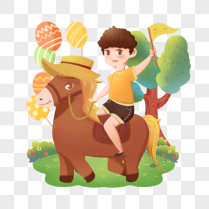 儿童节可爱风格男孩草地骑小马玩气球高清图片