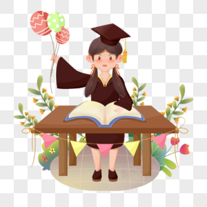 毕业季学士服女孩坐在书桌上开心毕业图片