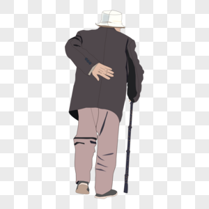 卡通手绘人物扶着腰拄着拐杖走路的老人高清图片