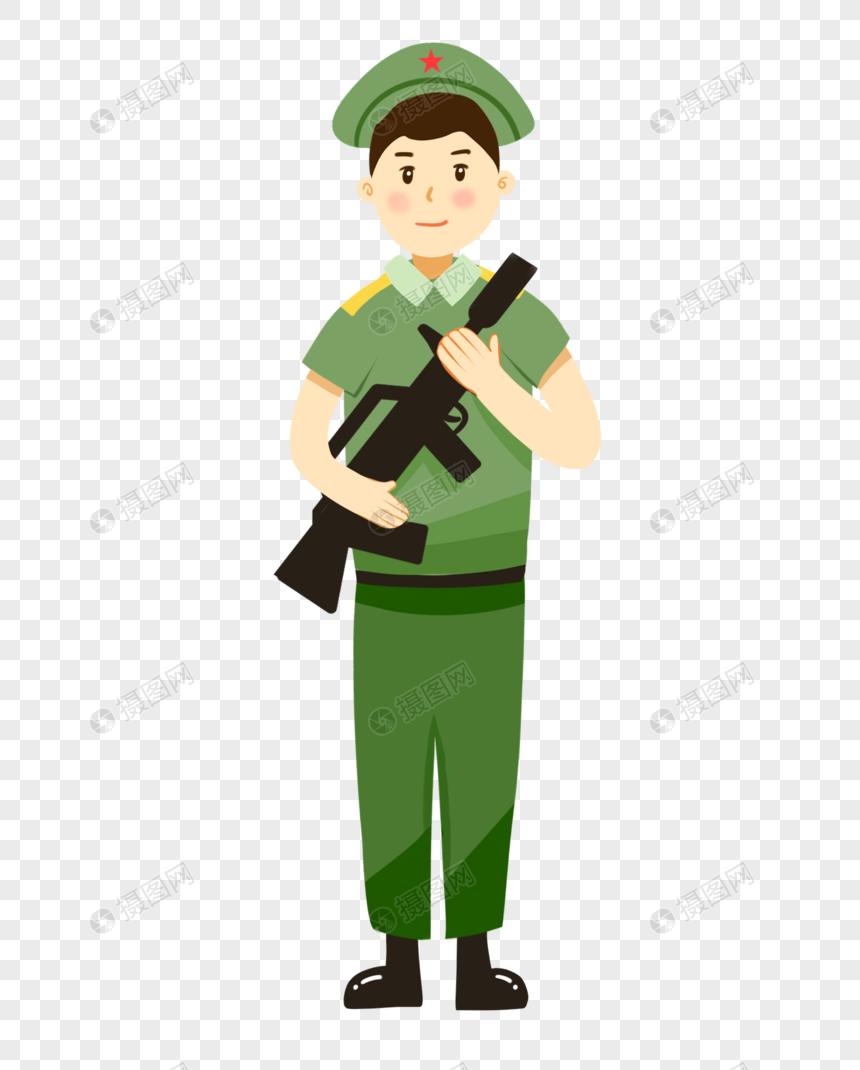 免抠元素 手绘/卡通元素 建军节军人站立持枪插画元素手绘.