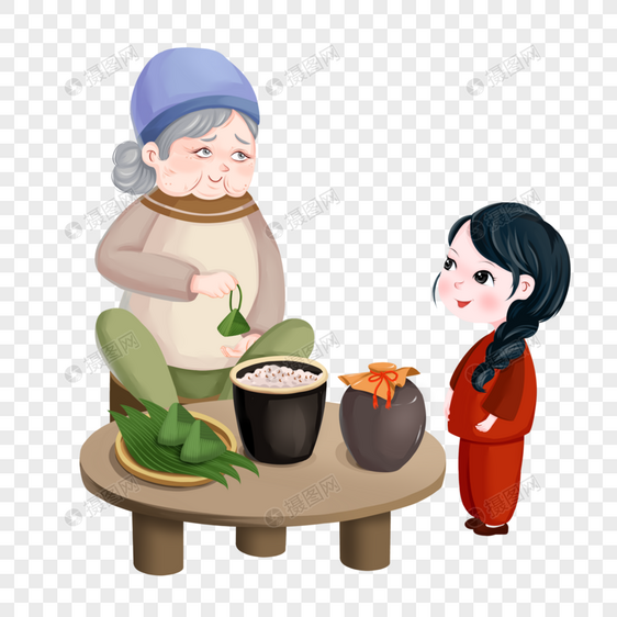 端午节素材奶奶和女孩包粽子图片