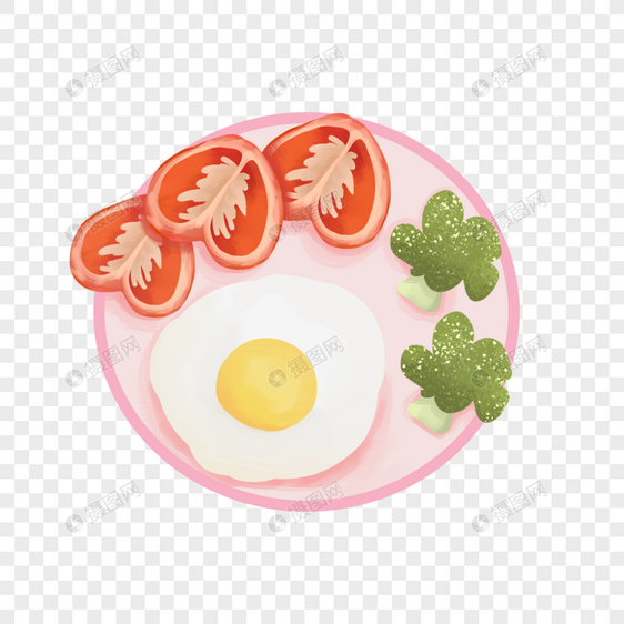 夏天早餐荷包蛋番茄片花椰菜健康手绘装饰图案图片