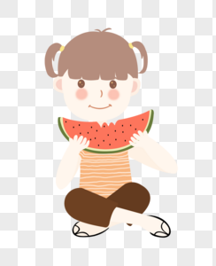 夏至吃西瓜的小女孩坐着插画元素手绘图片