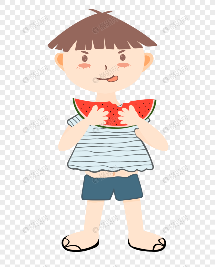 夏至吃西瓜的小男孩站着可爱插画元素手绘图片