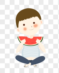 夏至吃西瓜的小男孩歪头可爱插画元素手绘图片