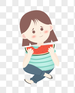 夏至吃西瓜的小女孩翘腿可爱插画元素手绘图片