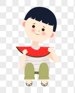 夏至吃西瓜的小男孩蹲坐可爱插画元素手绘图片