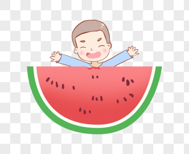 夏至吃西瓜的小男孩开心插画元素手绘图片
