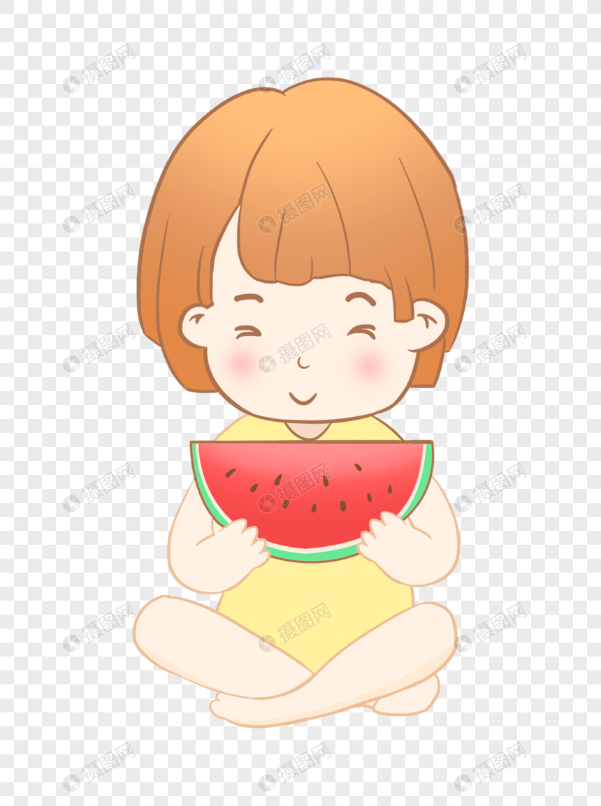 夏至吃西瓜的小女孩盘腿坐着插画元素手绘