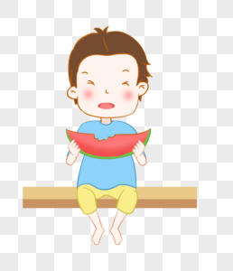 夏至吃西瓜的小男孩盘抱着西瓜插画元素手绘图片