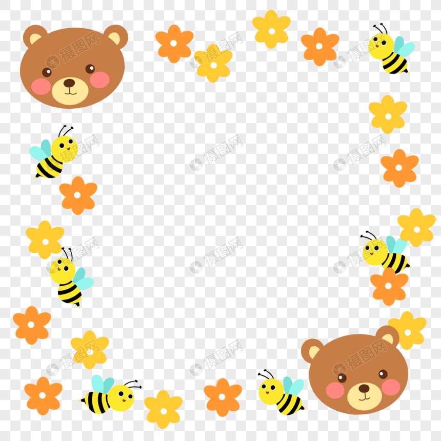 手绘卡通熊和蜜蜂边框花边装饰