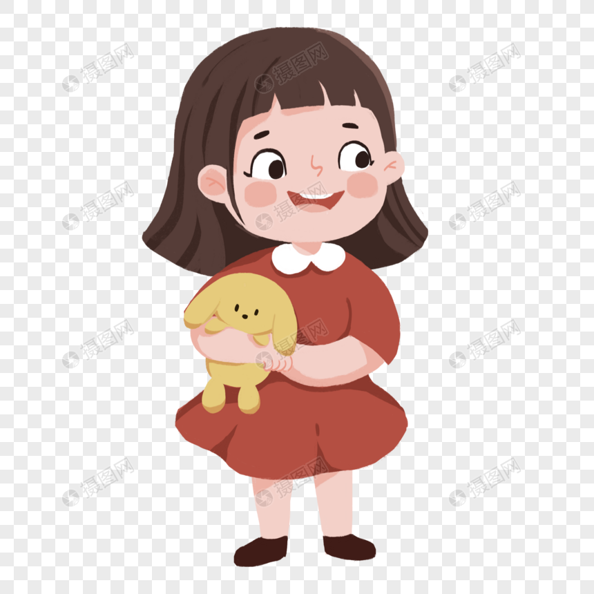 抱着兔子玩偶的可爱儿童卡通女孩
