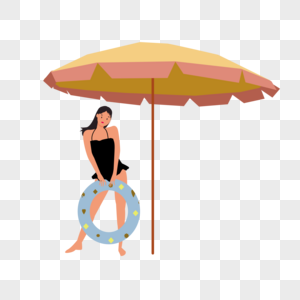 太阳伞下拿着游泳圈的女孩图片