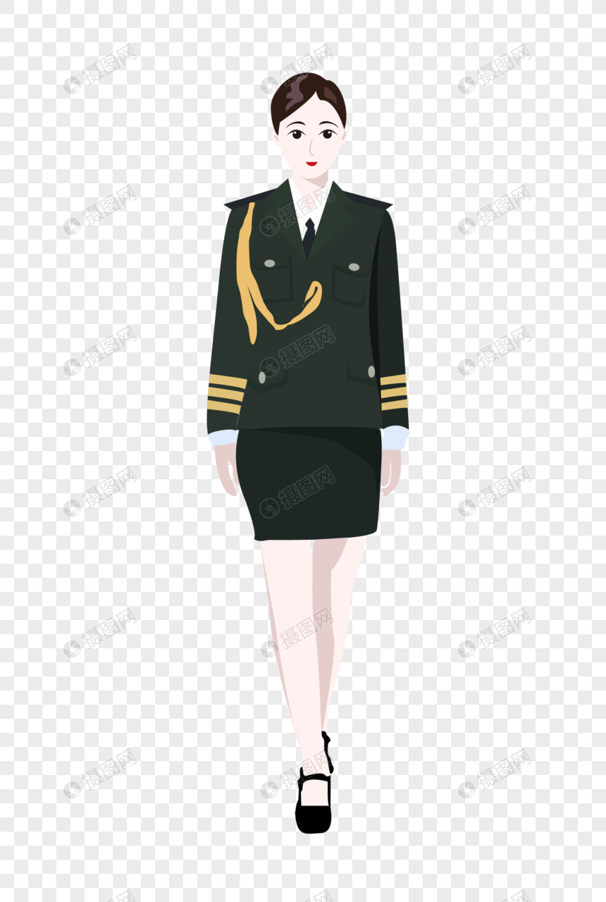 建军节军人女兵站立微笑矢量插画元素手绘图片