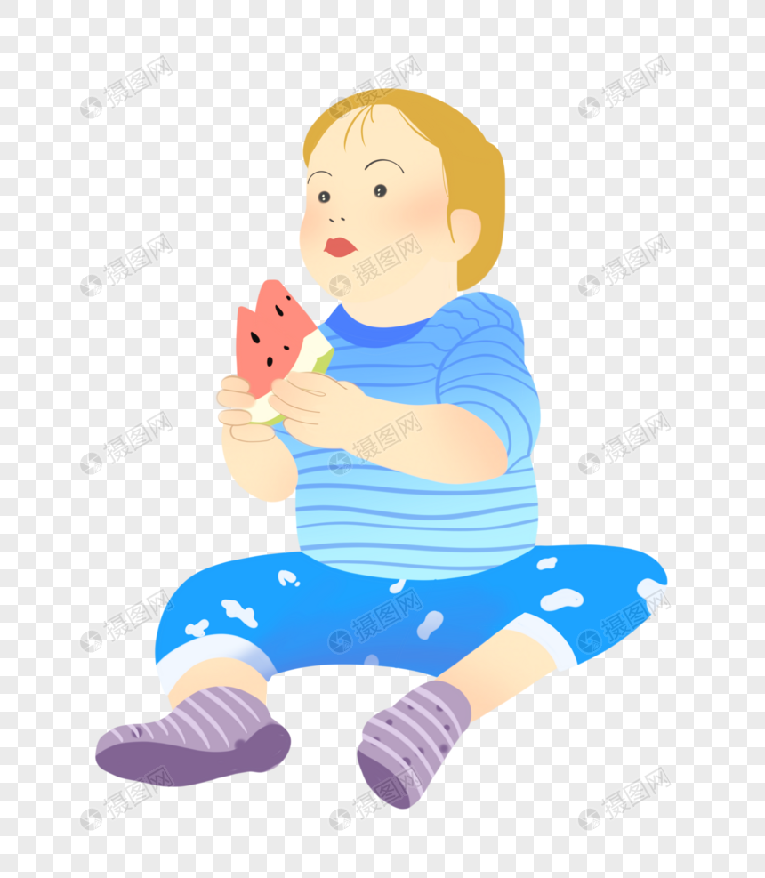 夏至吃西瓜的小男孩抬头插画元素手绘