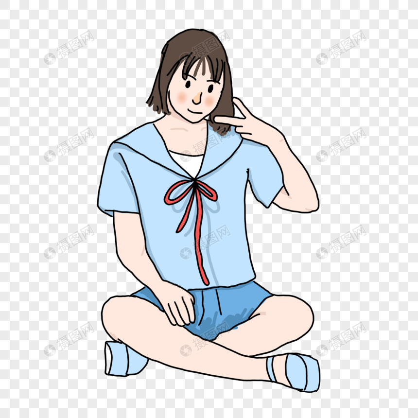 盘腿坐着比剪刀手的短发女生
