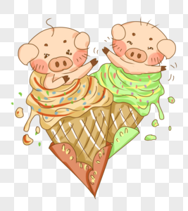 原创手绘夏季冰淇淋与小猪插画PNG图片