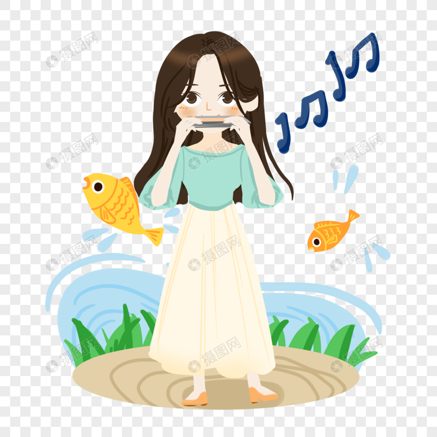 卡通女孩河塘边吹口琴元素素材psd格式_设计素材免费下载_VRF高清图片401347622