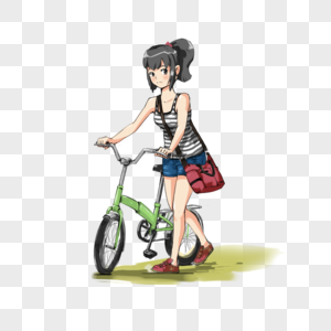 女孩推着自行车图片