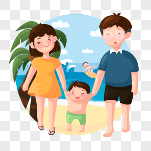 海边度假的一家人高清图片