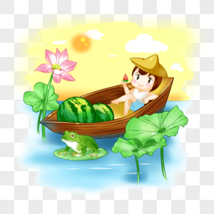 坐在船上吃瓜的男孩高清图片