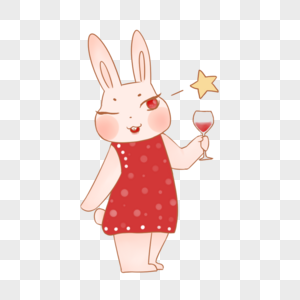 卡通手绘喝红酒的美丽优雅小兔子图片