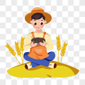 卡通手绘田野小麦丰收和开心的男孩图片