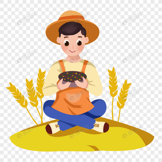 卡通手绘田野小麦丰收和开心的男孩图片