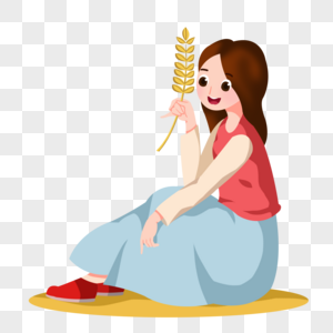 卡通手绘女孩拿着小麦开心坐在田野里图片