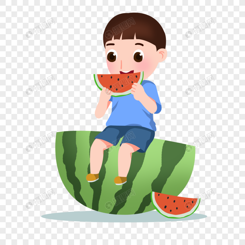 卡通手绘男孩开心吃西瓜图片