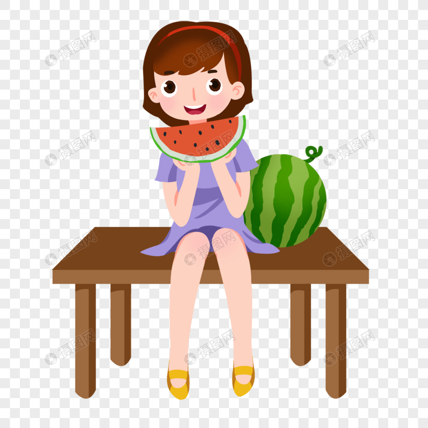 卡通手绘女孩坐在凳子上开心吃西瓜