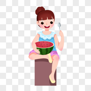 卡通手绘女孩坐着开心吃西瓜图片
