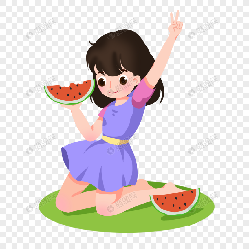 卡通手绘女孩开心吃西瓜