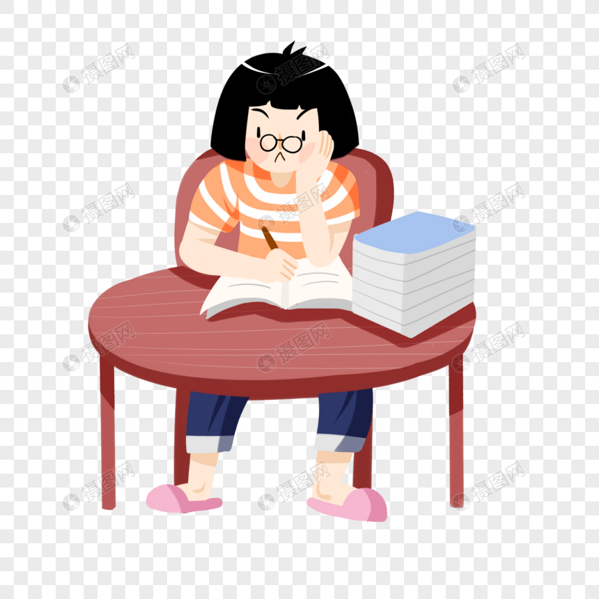 卡通手绘女孩奋笔疾书努力学习元素素材下载-正版素材401358199-摄