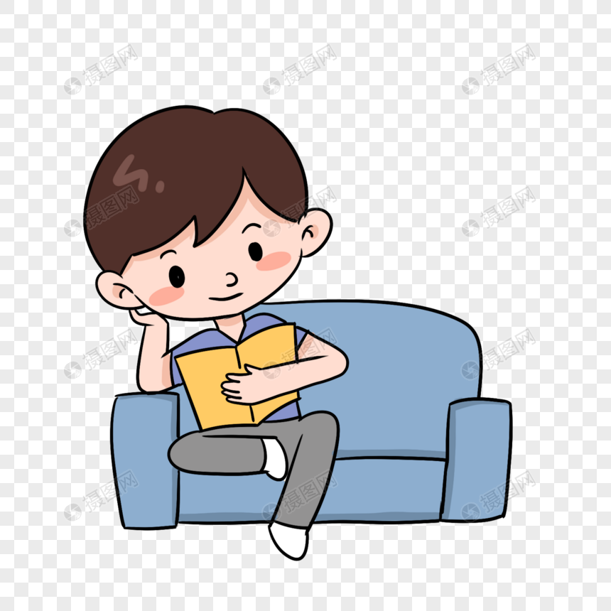 卡通坐在沙发的男孩看书