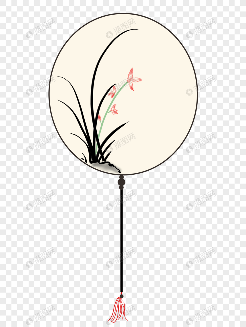 手绘兰花图案古风扇子png免抠素材