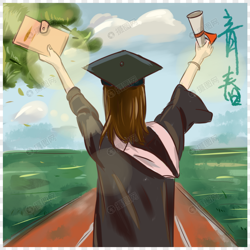 手绘动感青春毕业季少女学校背影毕业场景图案