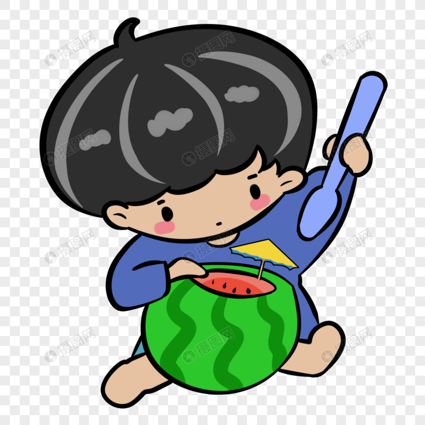 抱着西瓜吃的小男孩简笔画手绘