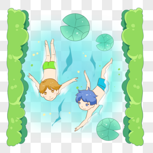 游泳的男孩夏天的树杈高清图片
