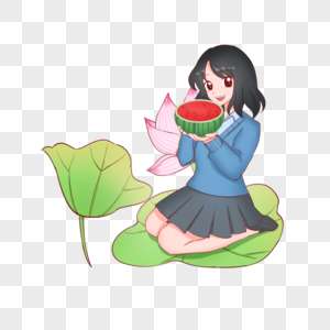 坐在荷叶上吃西瓜的少女图片