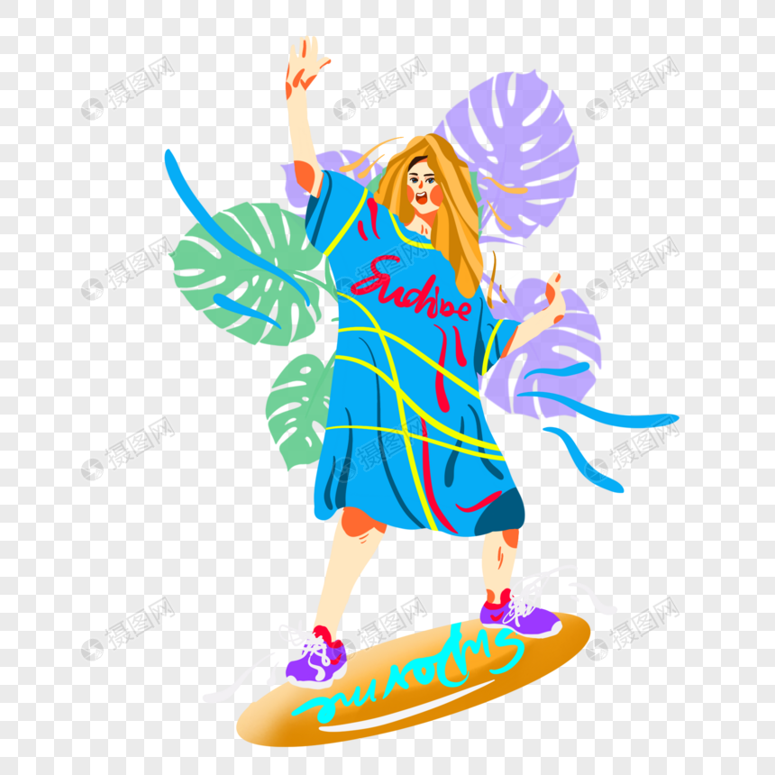 免抠元素 手绘/卡通元素 夏天穿裙子的小女孩滑滑板.