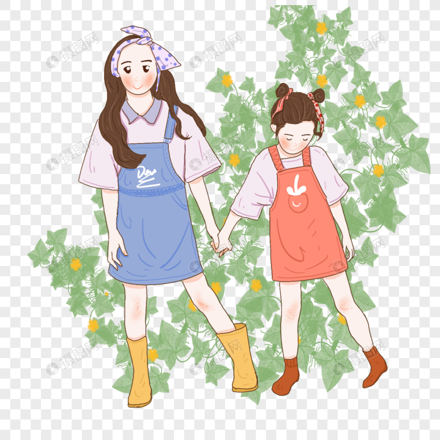 夏天穿着小裙子一起手拉手出去玩的小姐妹