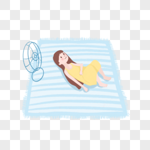 夏日躺在清新蓝色条纹毯子上吹电风扇的小女孩卡通手绘图片