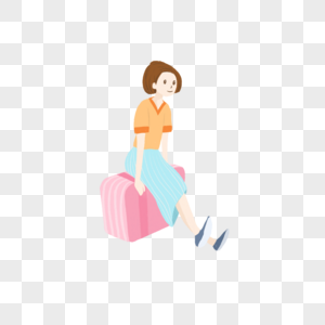 毕业季坐在粉色行李箱上休息的女生卡通手绘高清图片