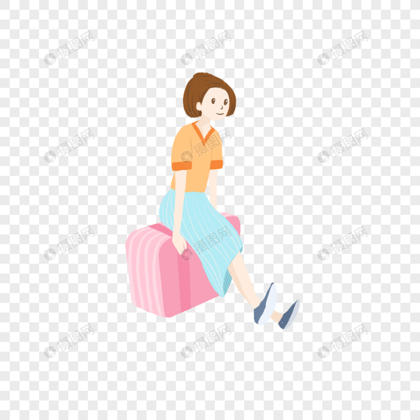 毕业季坐在粉色行李箱上休息的女生卡通手绘