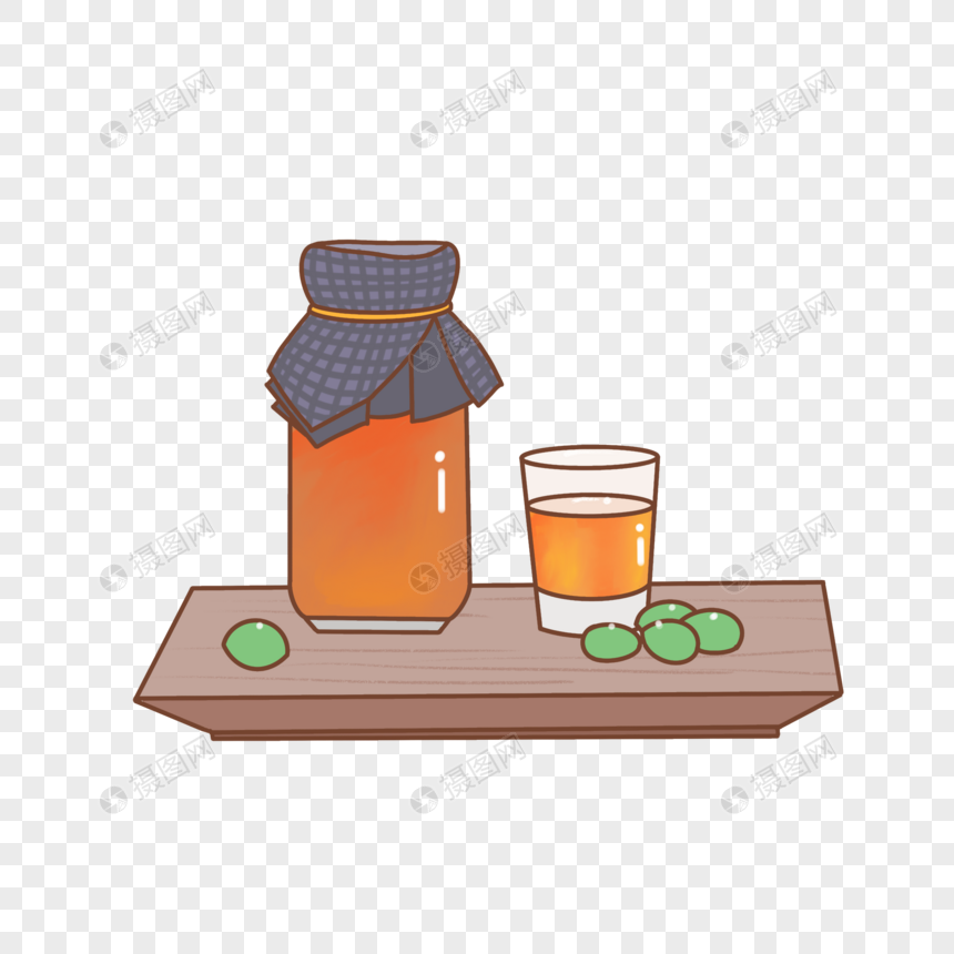 端午节放在木盘子上的青梅酒卡通手绘