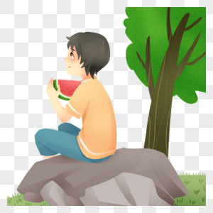 坐在石头上的小男孩图片
